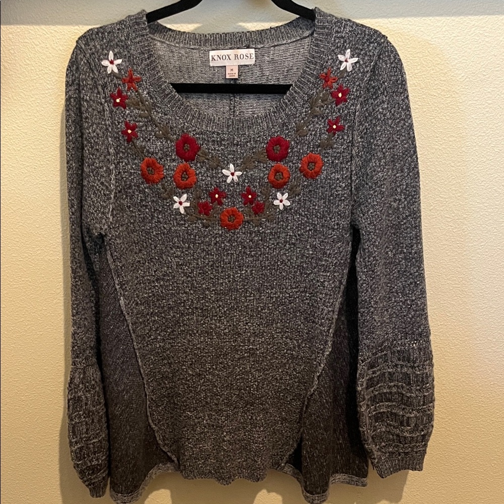 Knox Rose Gray Sweater with Red and Brown Floral Accents